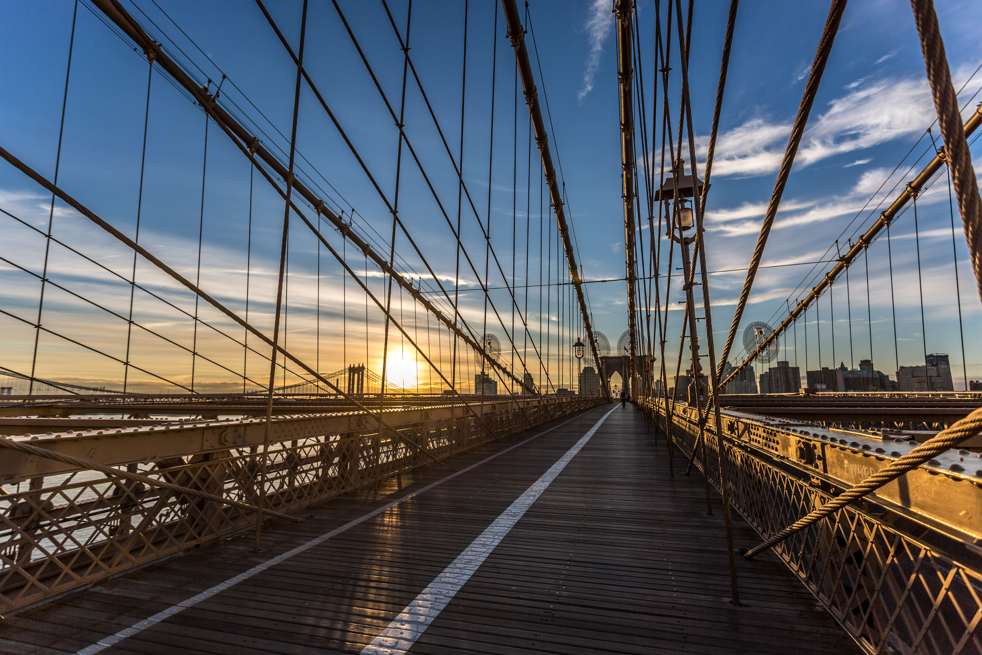 Brooklyn Bridge cables converging at sunrise